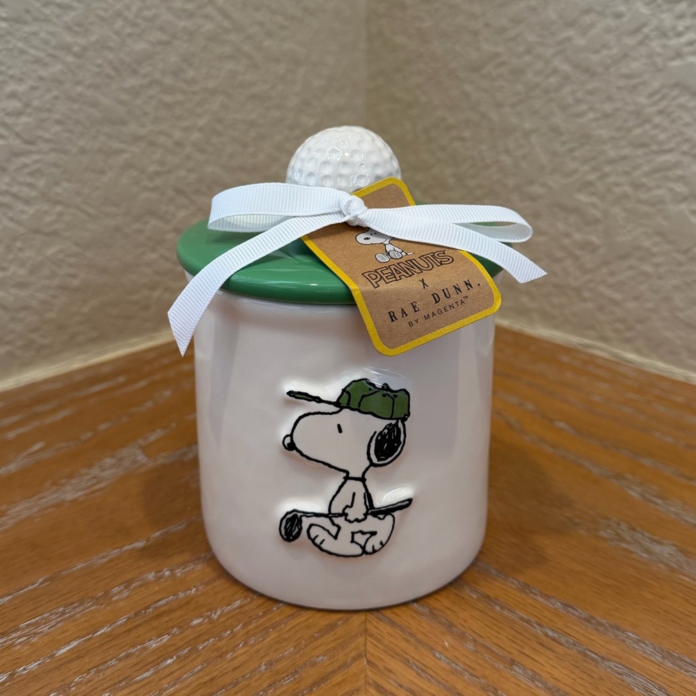 NWT Rae Dunn Peanuts Snoopy Golf Ceramic Jar Canister with Green Lid